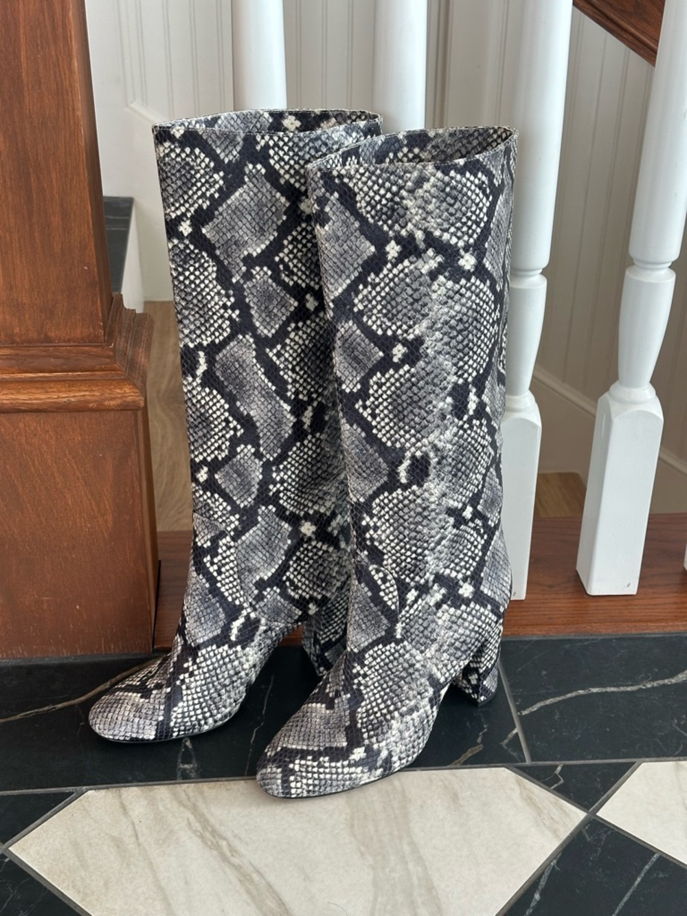 J. Crew Black and Gray Snake-Print Knee Boots